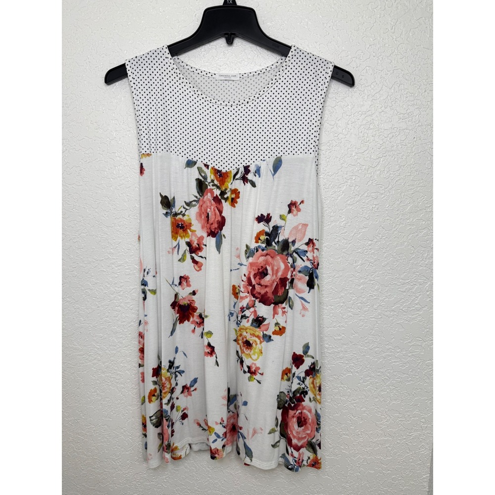 Chic Soul Womens 2X Floral Polka Dot Mixed Print Sleeveless Tunic Top White